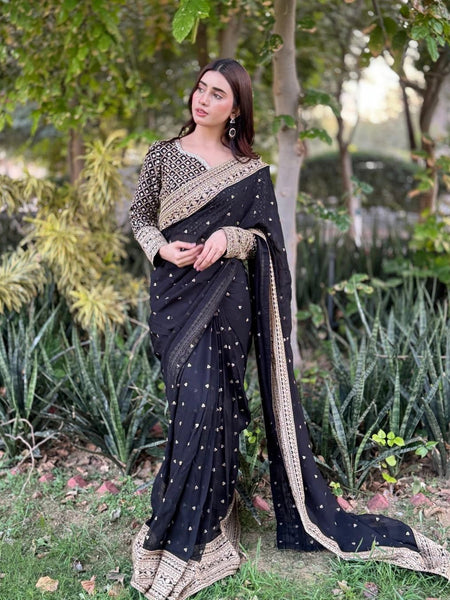 Black Color Embroidered Work Designer Silk Saree