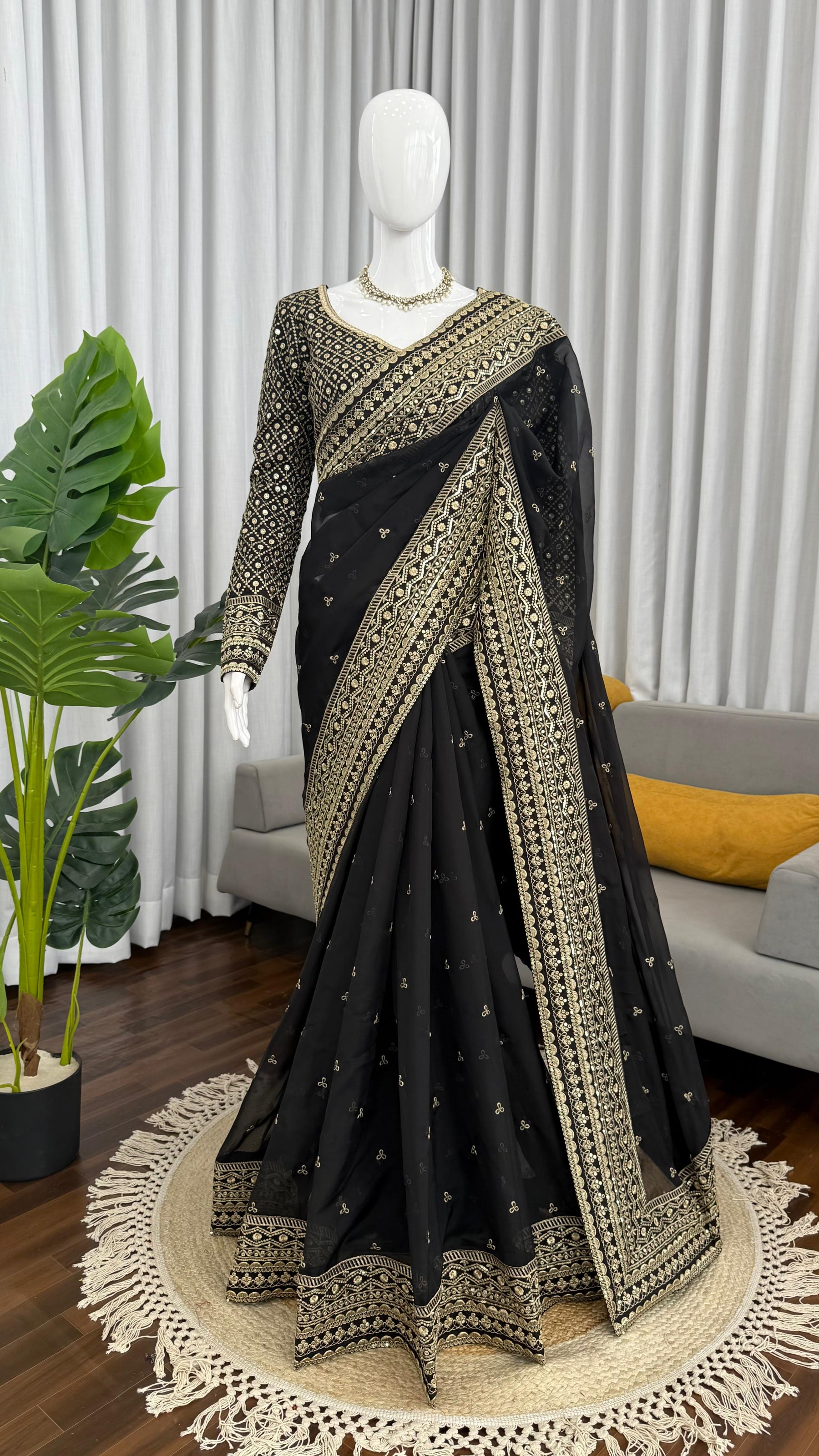 Black Color Embroidered Work Designer Silk Saree