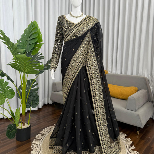 Black Color Embroidered Work Designer Silk Saree