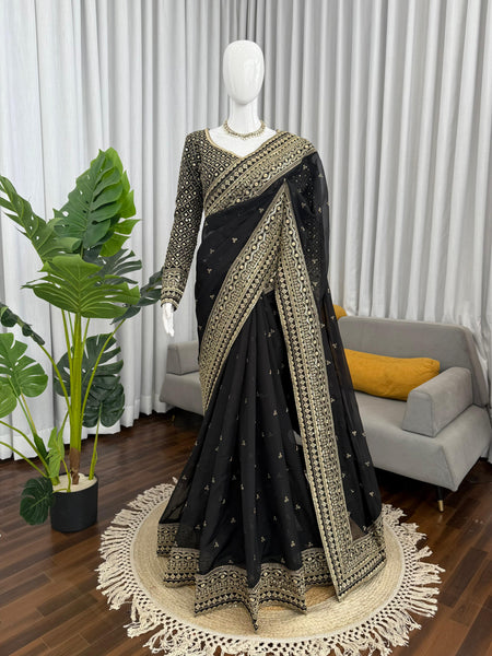 Black Color Embroidered Work Designer Silk Saree