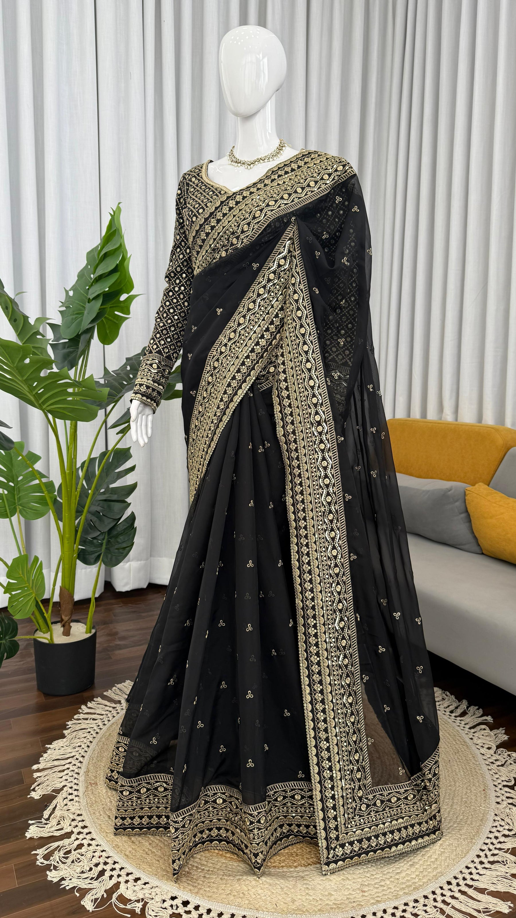 Black Color Embroidered Work Designer Silk Saree