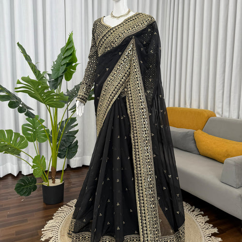 Black Color Embroidered Work Designer Silk Saree
