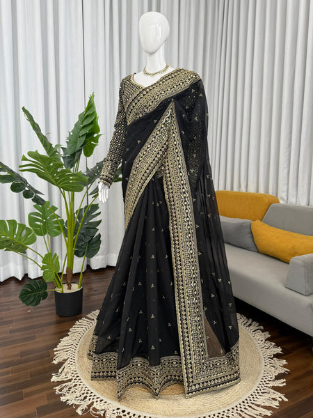 Black Color Embroidered Work Designer Silk Saree