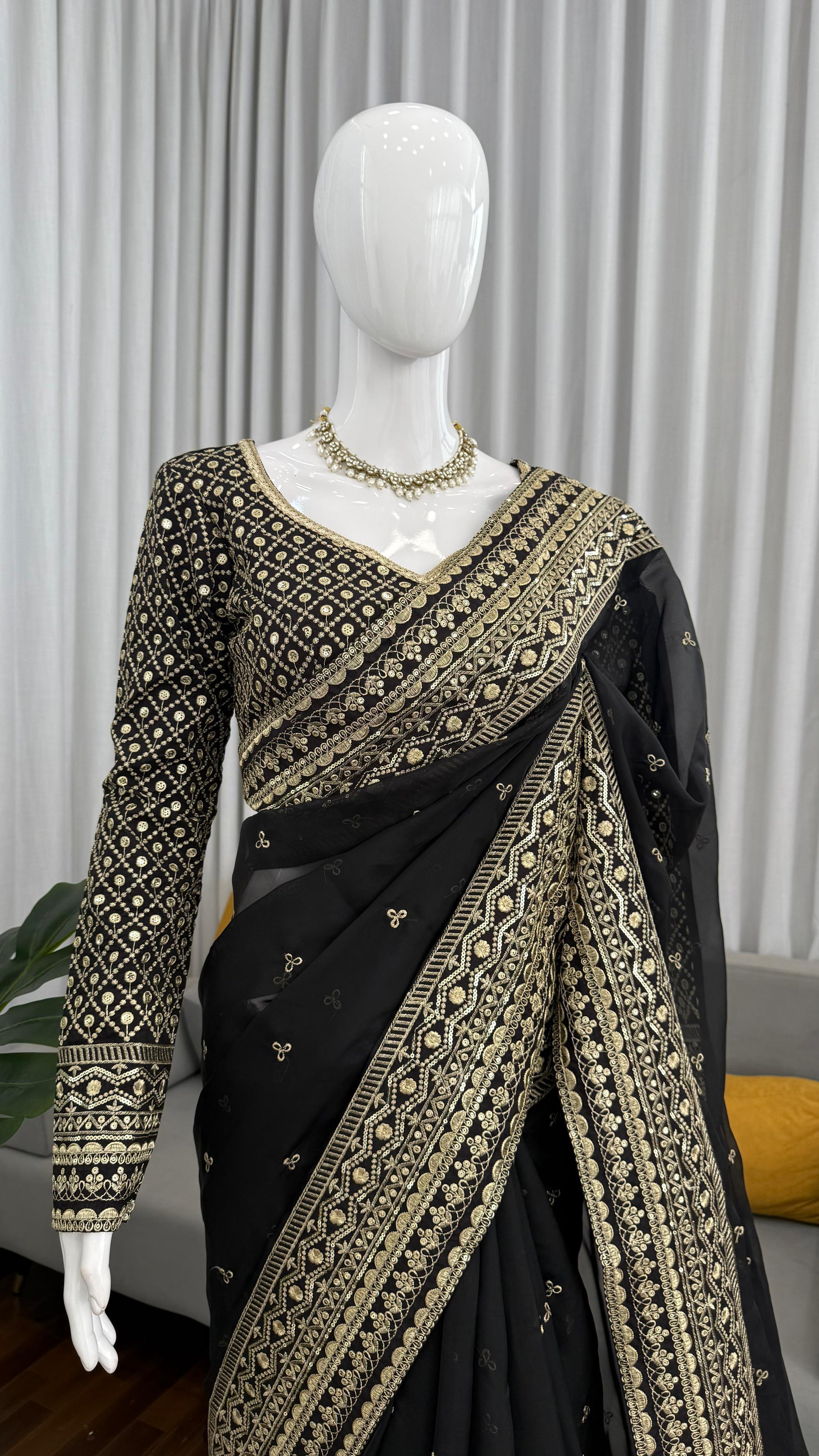 Black Color Embroidered Work Designer Silk Saree