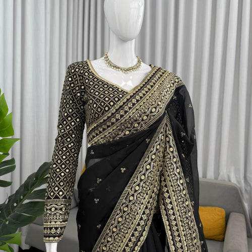 Black Color Embroidered Work Designer Silk Saree