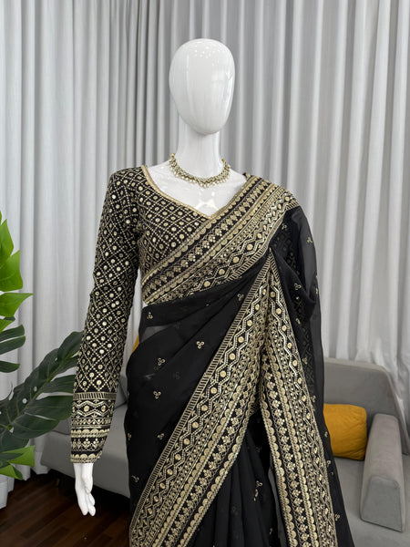 Black Color Embroidered Work Designer Silk Saree