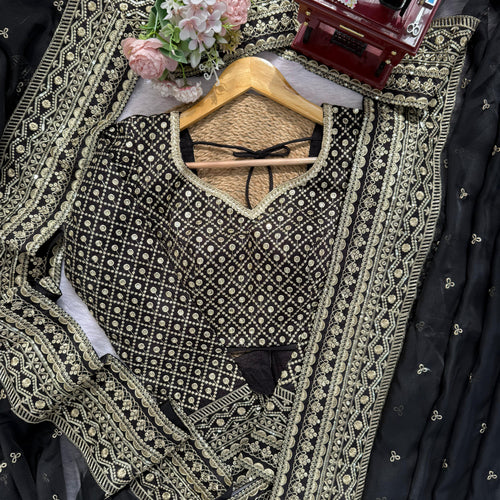 Black Color Embroidered Work Designer Silk Saree