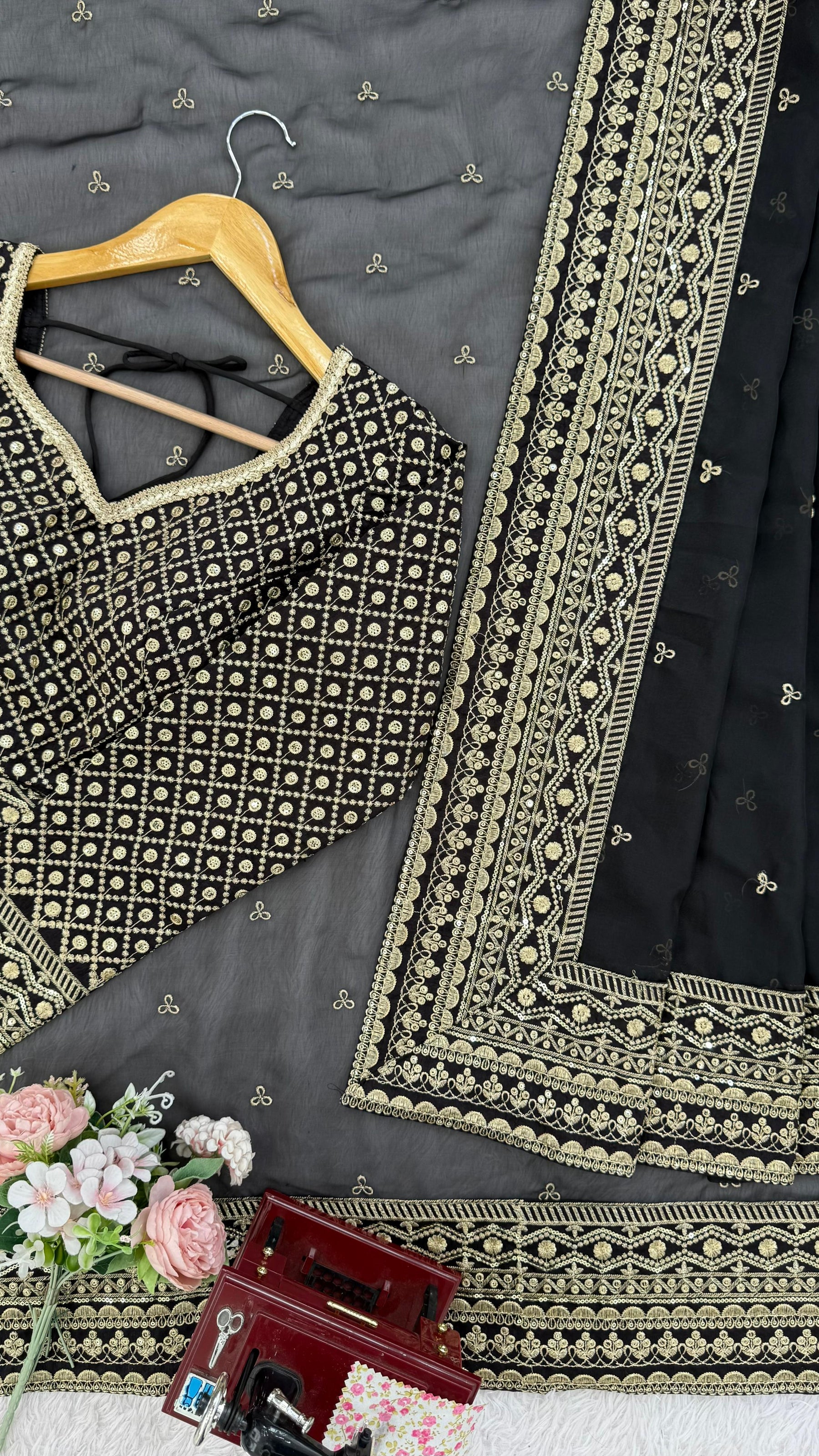 Black Color Embroidered Work Designer Silk Saree