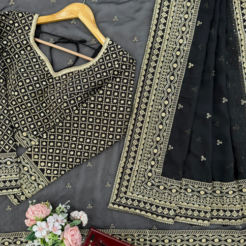 Black Color Embroidered Work Designer Silk Saree