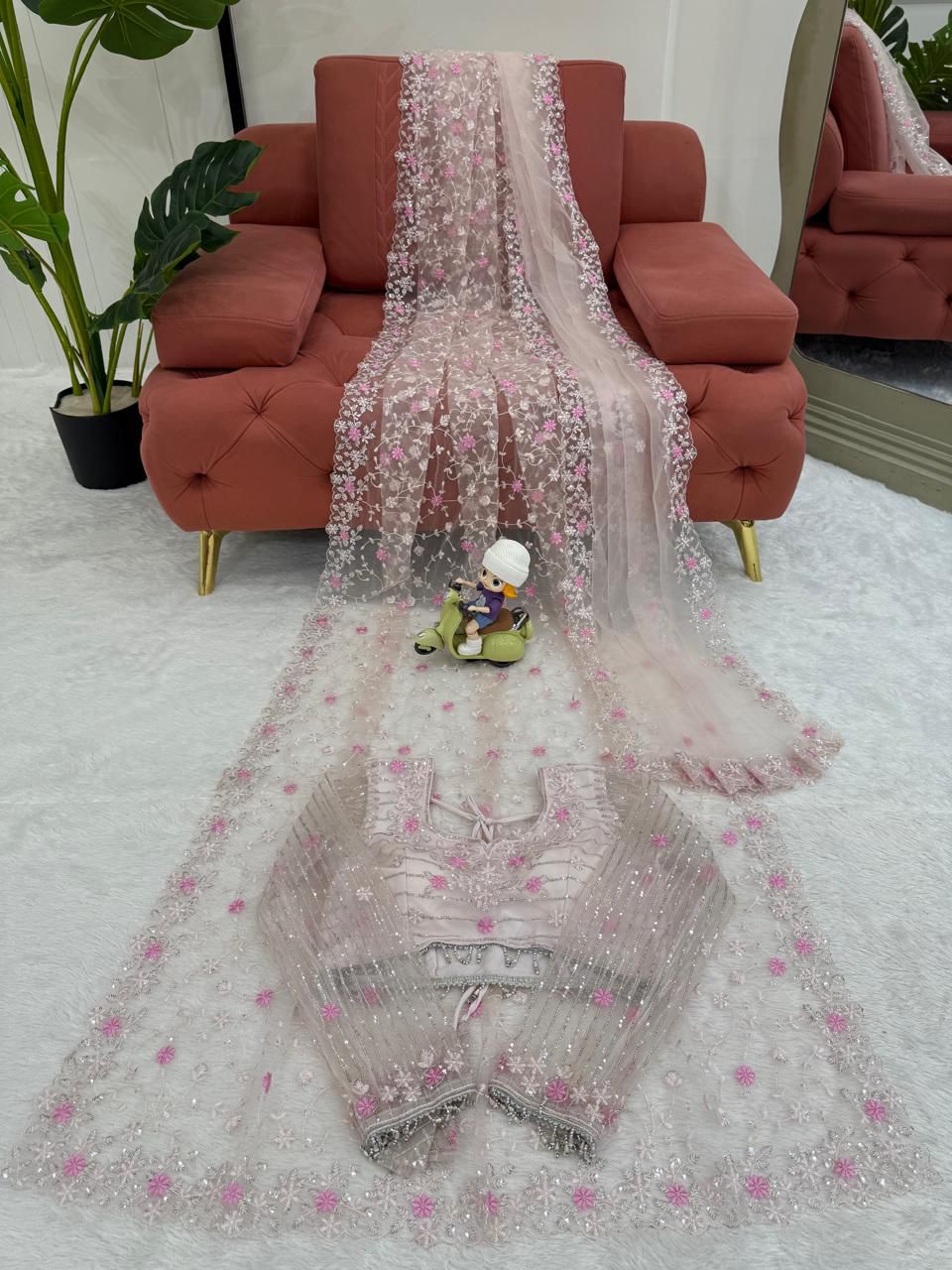 Peach Color Soft Net Wedding Wear Designer Saree