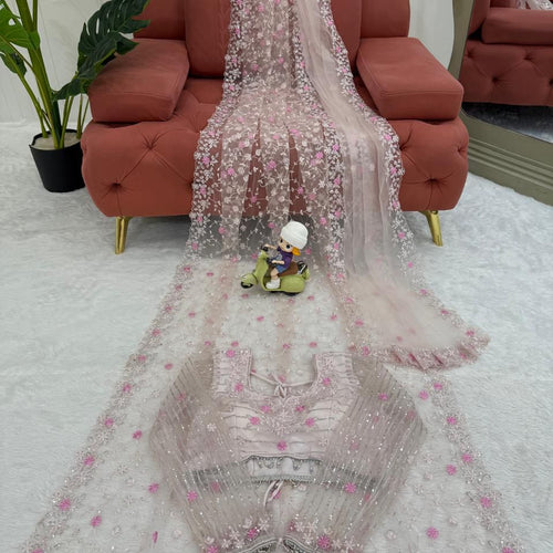 Peach Color Soft Net Wedding Wear Designer Saree