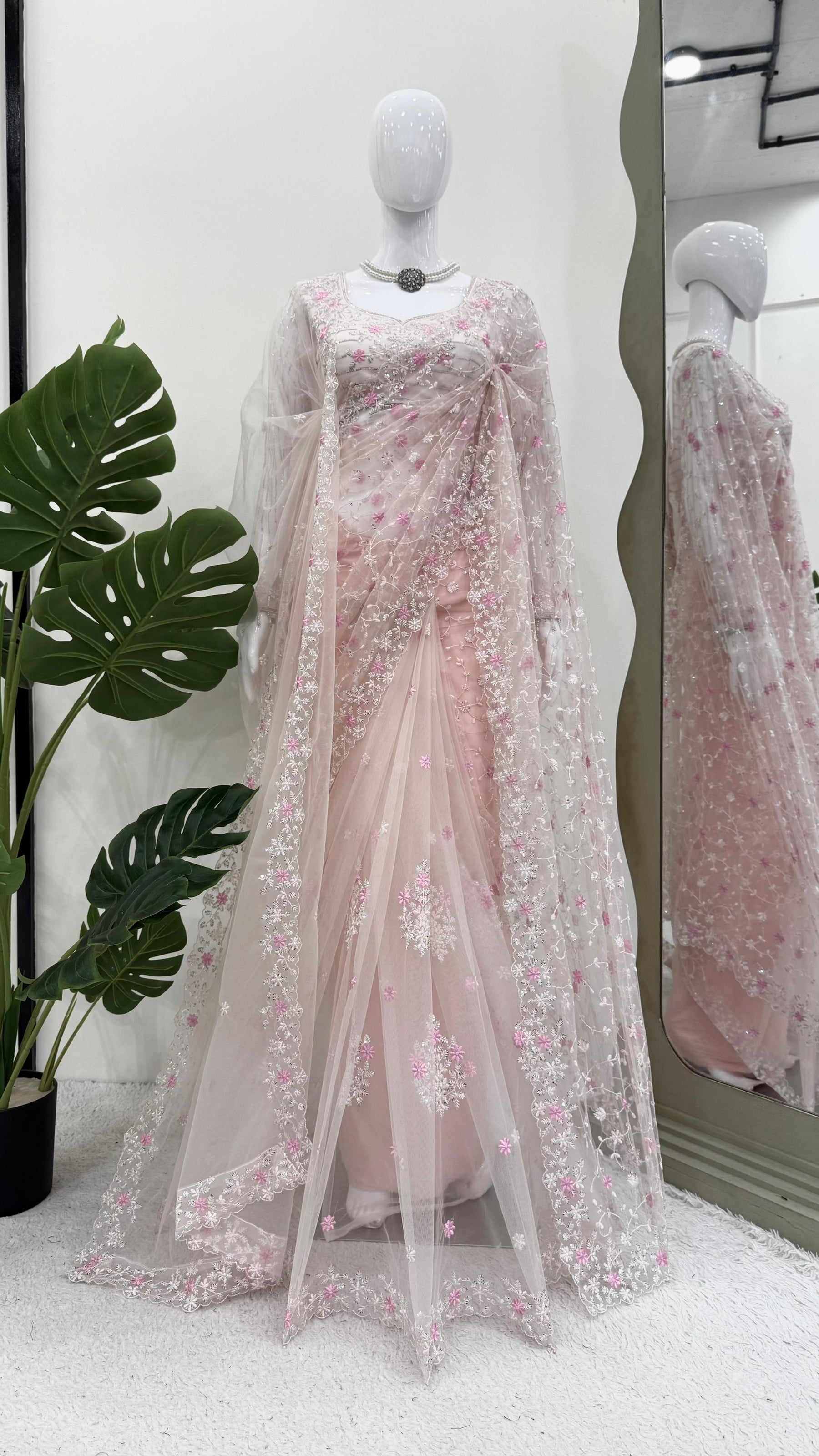 Peach Color Soft Net Wedding Wear Designer Saree