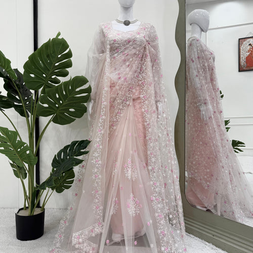 Peach Color Soft Net Wedding Wear Designer Saree