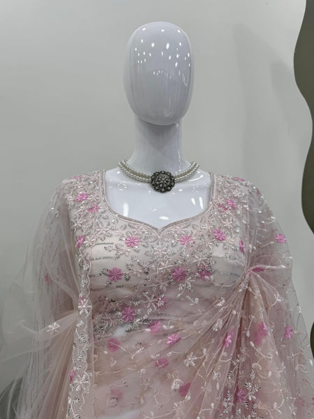 Peach Color Soft Net Wedding Wear Designer Saree