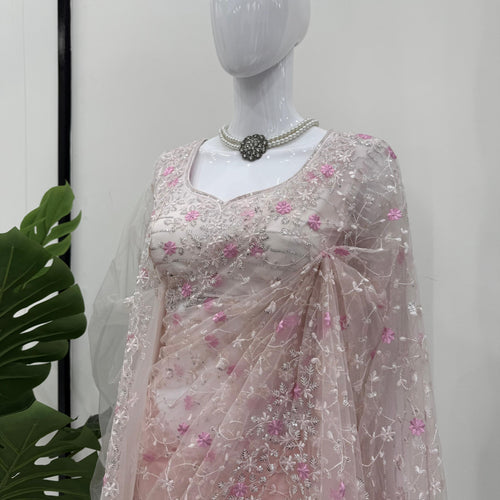 Peach Color Soft Net Wedding Wear Designer Saree