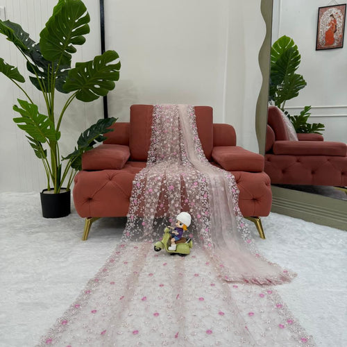 Peach Color Soft Net Wedding Wear Designer Saree