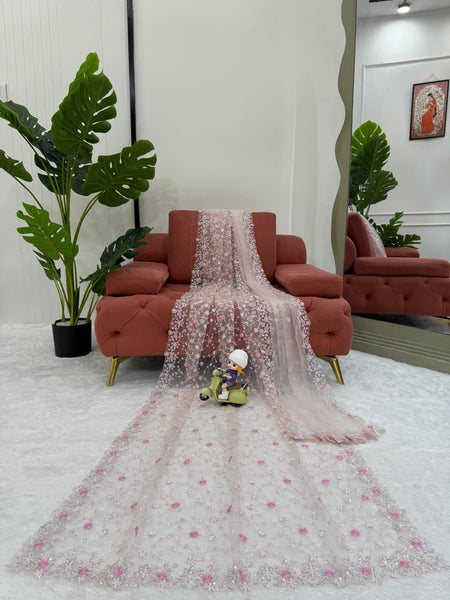 Peach Color Soft Net Wedding Wear Designer Saree