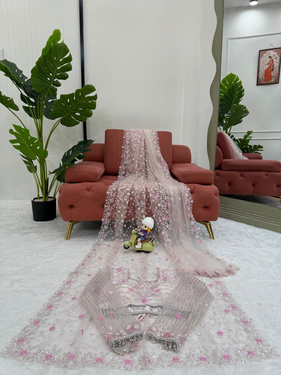 Peach Color Soft Net Wedding Wear Designer Saree