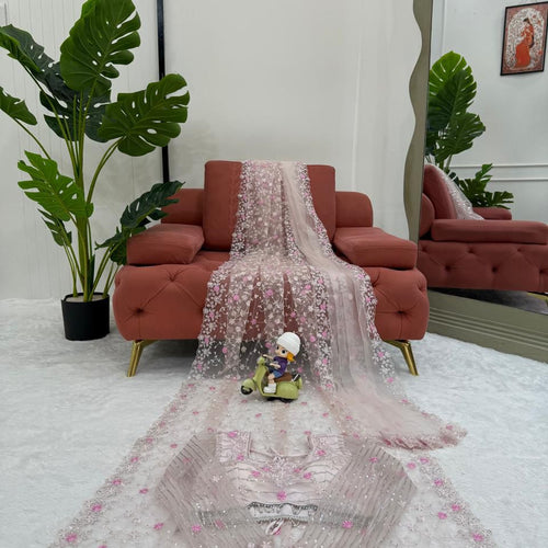 Peach Color Soft Net Wedding Wear Designer Saree