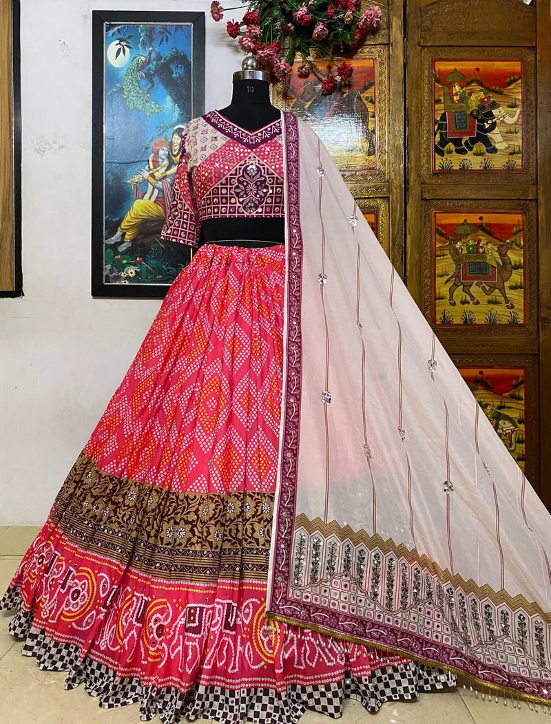 Light Pink  Color Maslin Cotton With Digital Print Real Mirror Navratri  Special Lehenga Choli Set - Ahesas