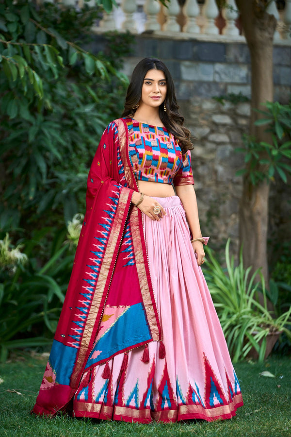 Light Pink Color Tussar Silk Print With Foil Point Navratri Lehenga Choli - Ahesas