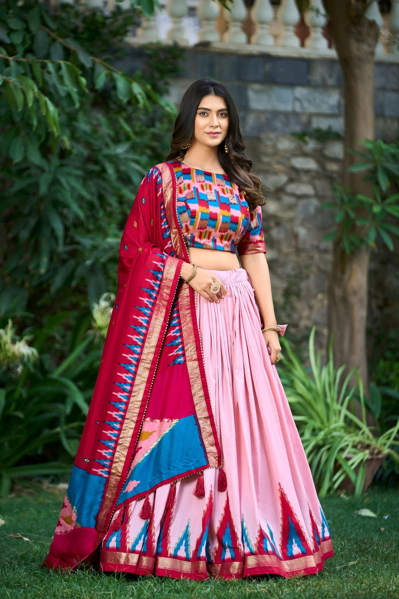 Light Pink Color Tussar Silk Print With Foil Point Navratri Lehenga Choli - Ahesas