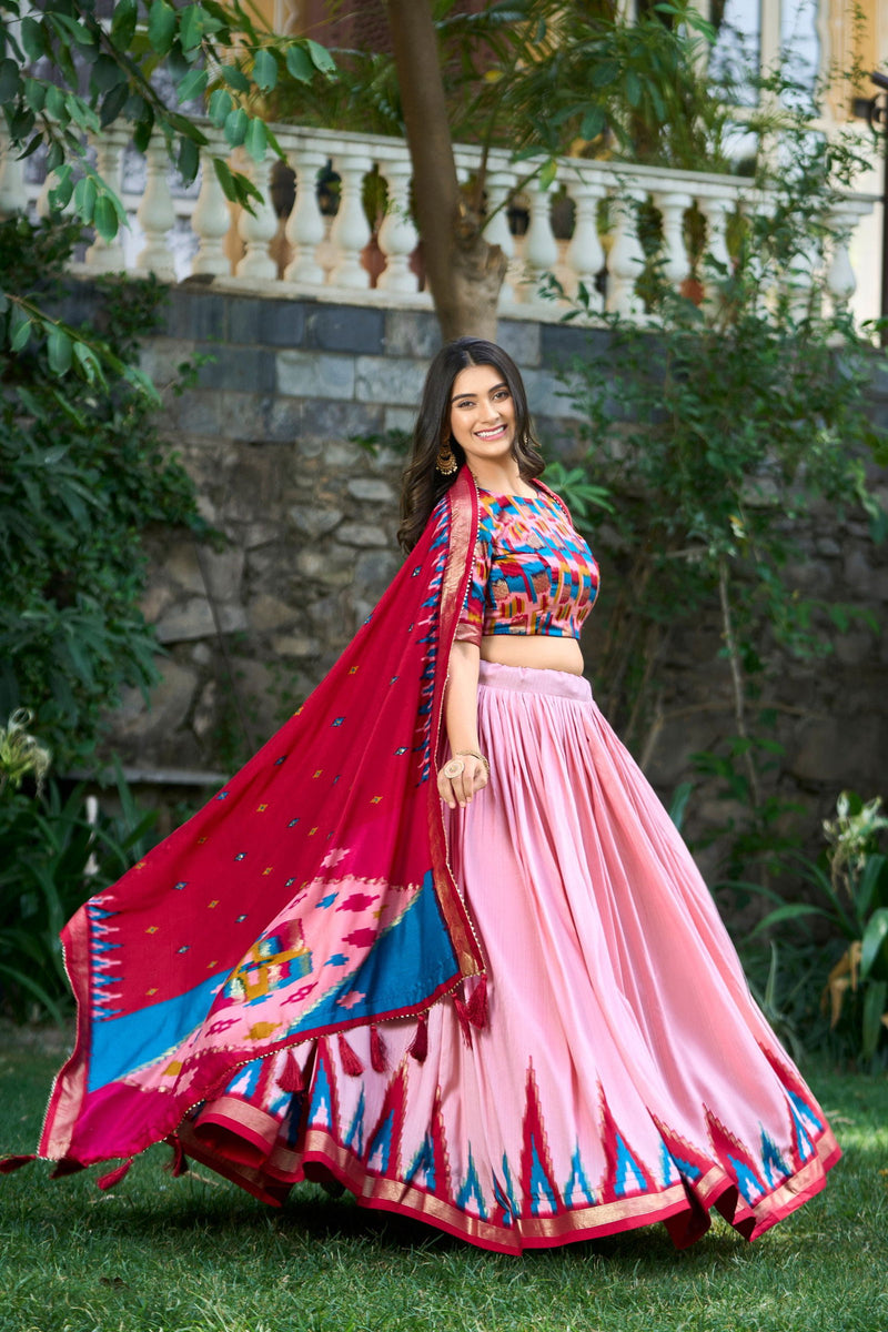 Light Pink Color Tussar Silk Print With Foil Point Navratri Lehenga Choli - Ahesas