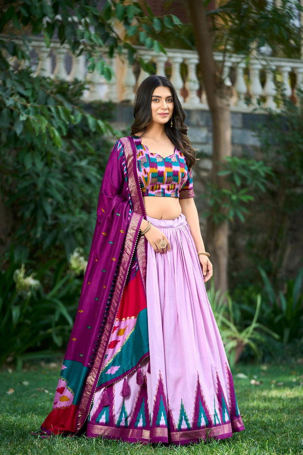 Light Purple Color Tussar Silk Print With Foil Point Navratri Lehenga Choli - Ahesas