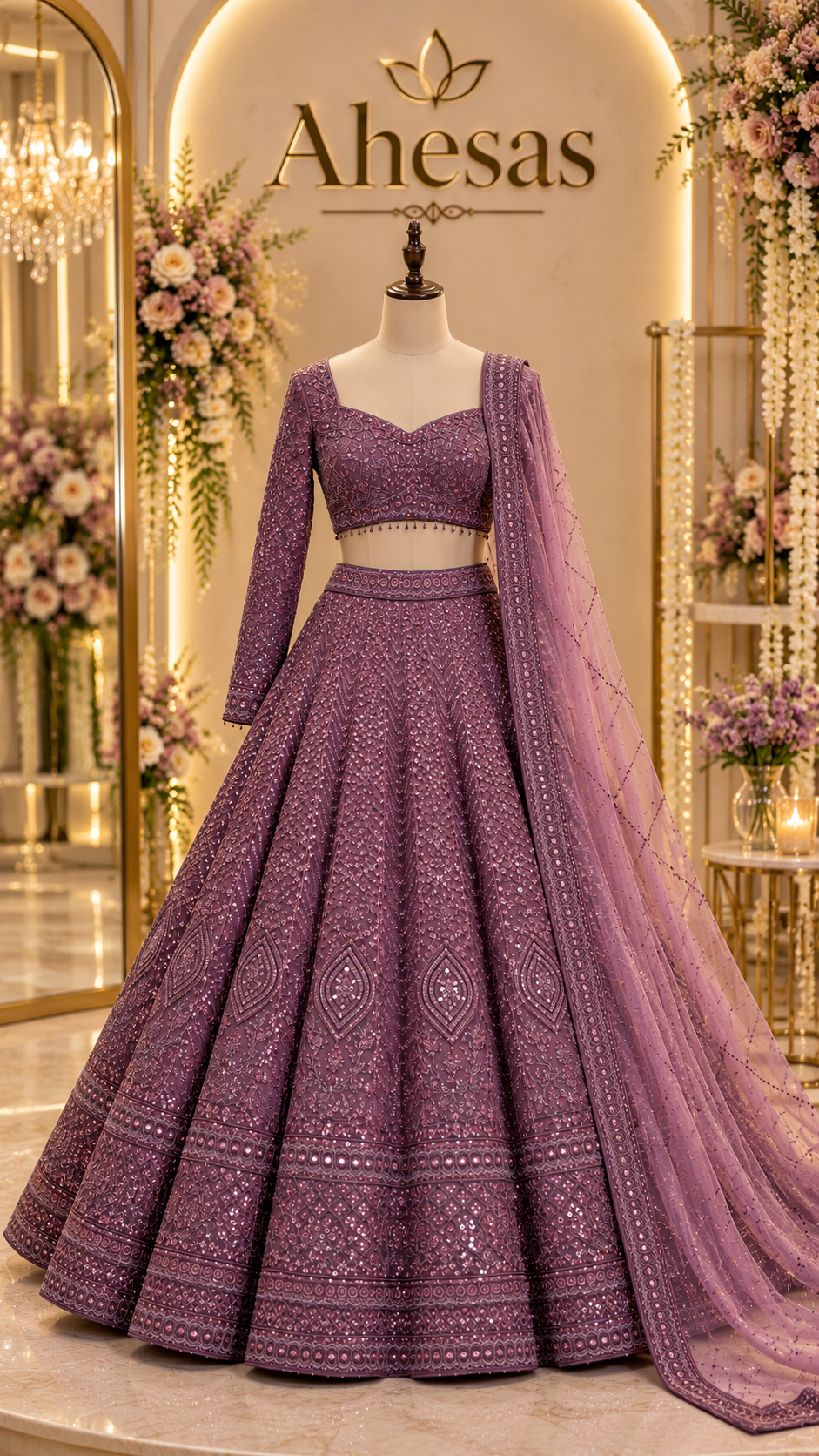 Dusty Plum Mauve Sequins Bridal Lehenga Choli with Net Dupatta