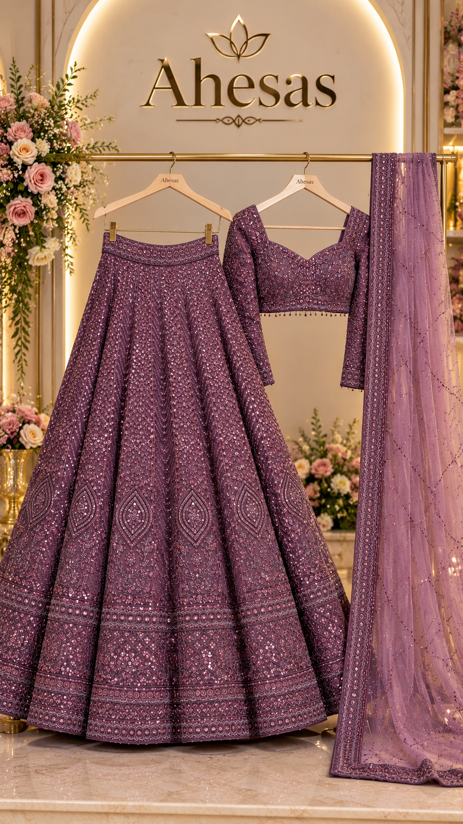 Dusty Plum Mauve Sequins Bridal Lehenga Choli with Net Dupatta