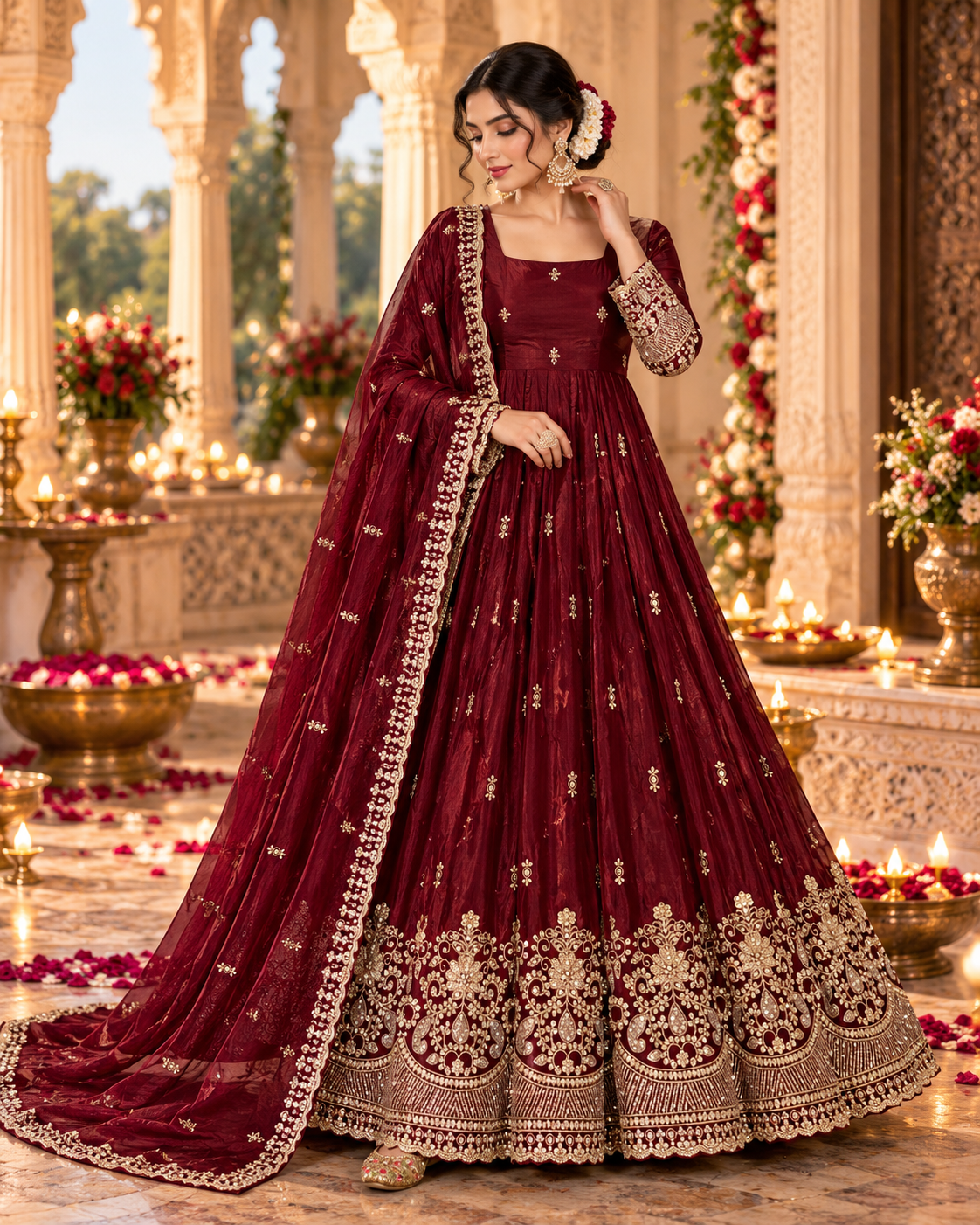 Deep Wine Maroon & Gold Embroidered Sequins Anarkali Gown