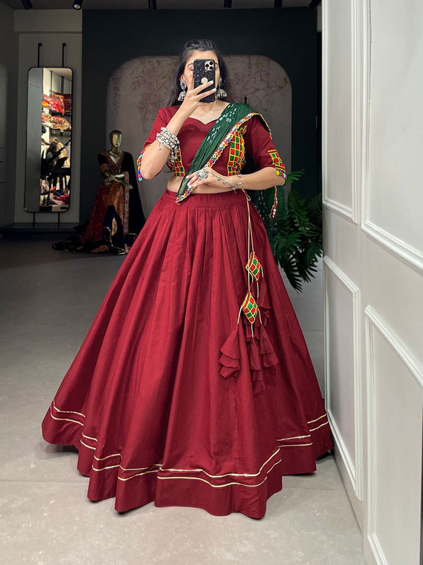 Marron Color Pure Cotton With Plain With Gotta Patti Navratri  Special Lehenga Choli Set - Ahesas