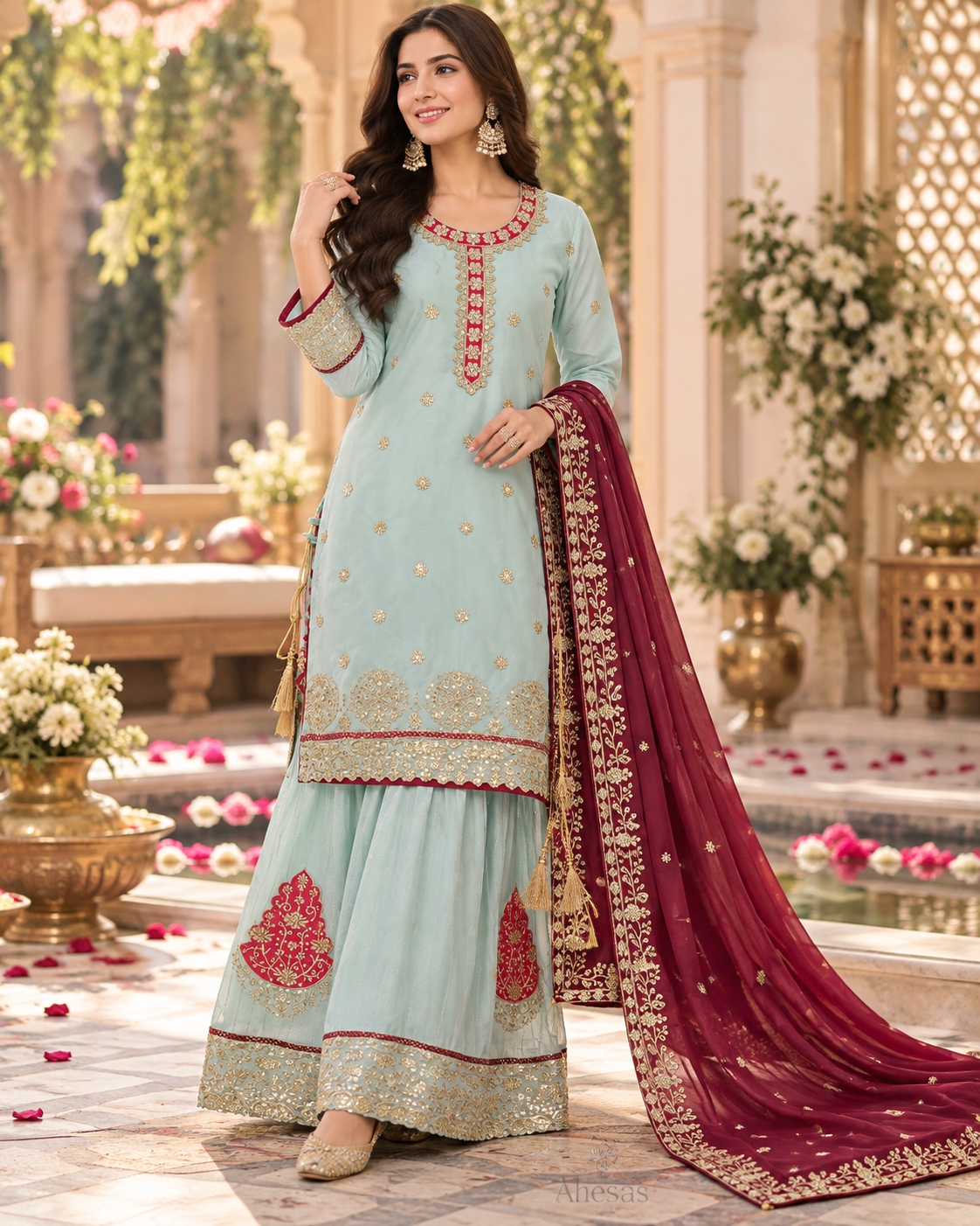 Light Mint Green Embroidered Palazzo Suit with Red Dupatta