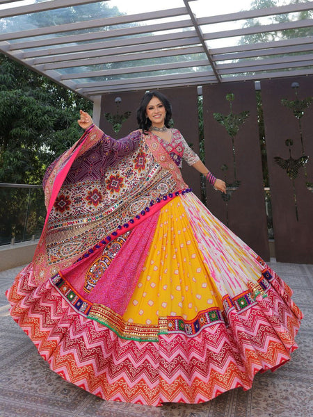 Multi Color Designer Cotton Digital Print Mirror Work Navratri Lehenga Choli - Ahesas