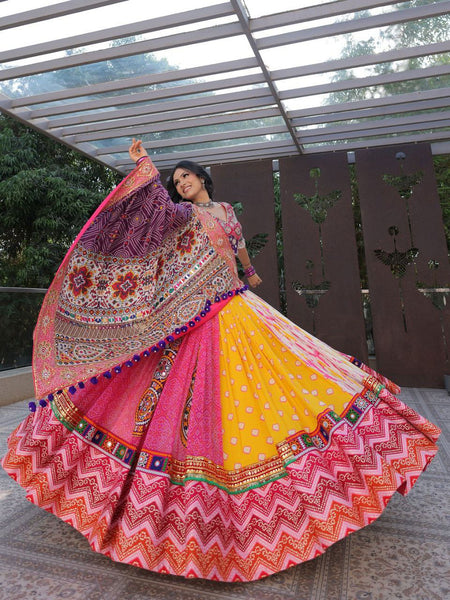 Multi Color Designer Cotton Digital Print Mirror Work Navratri Lehenga Choli - Ahesas