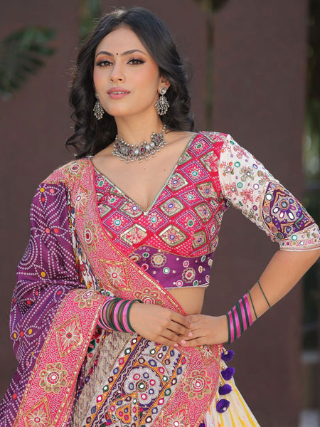 Multi Color Designer Cotton Digital Print Mirror Work Navratri Lehenga Choli - Ahesas