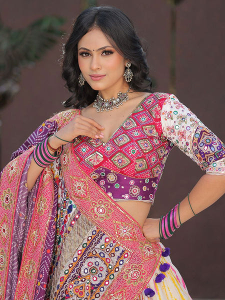 Multi Color Designer Cotton Digital Print Mirror Work Navratri Lehenga Choli - Ahesas