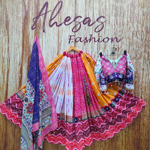 Multi Color Designer Cotton Digital Print Mirror Work Navratri Lehenga Choli - Ahesas