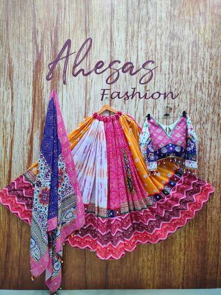 Multi Color Designer Cotton Digital Print Mirror Work Navratri Lehenga Choli - Ahesas