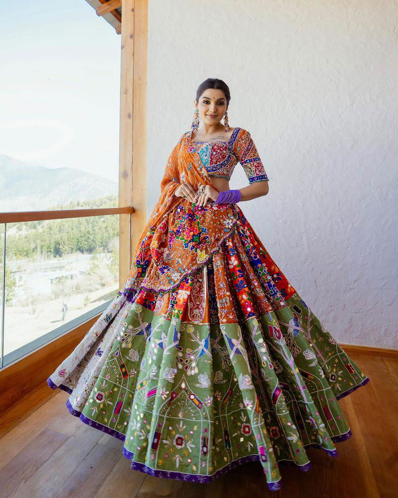 Multi Color Designer Cotton Digital Print Mirror Work Navratri Lehenga Choli - Ahesas