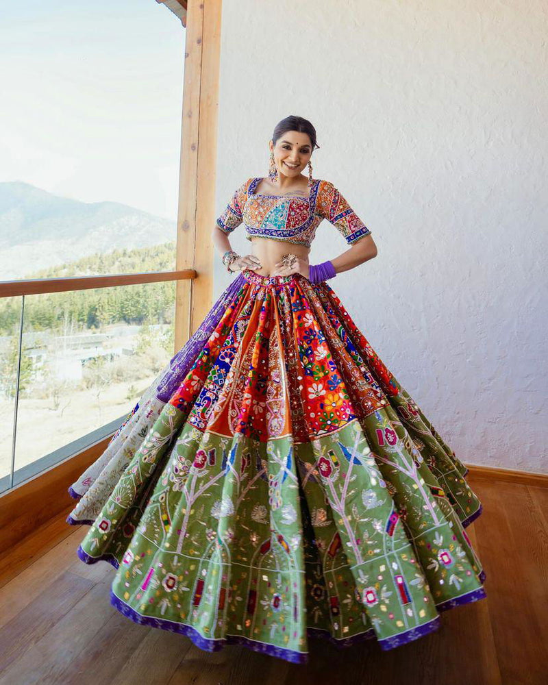 Multi Color Designer Cotton Digital Print Mirror Work Navratri Lehenga Choli - Ahesas