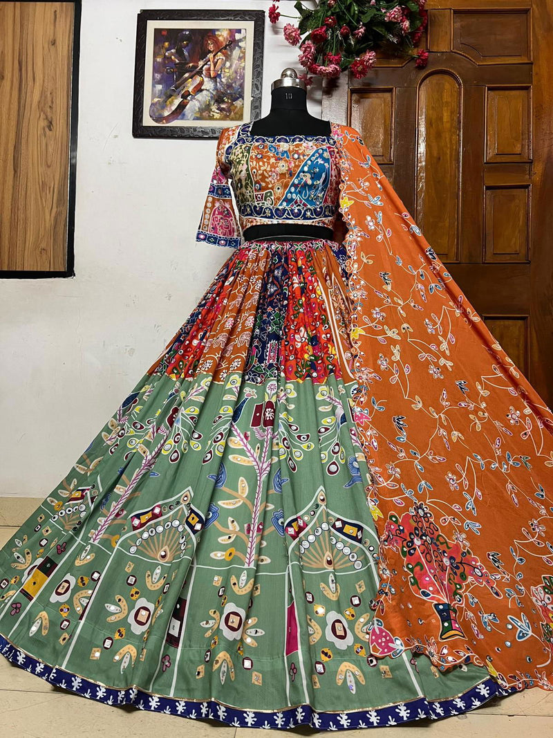 Multi Color Designer Cotton Digital Print Mirror Work Navratri Lehenga Choli - Ahesas