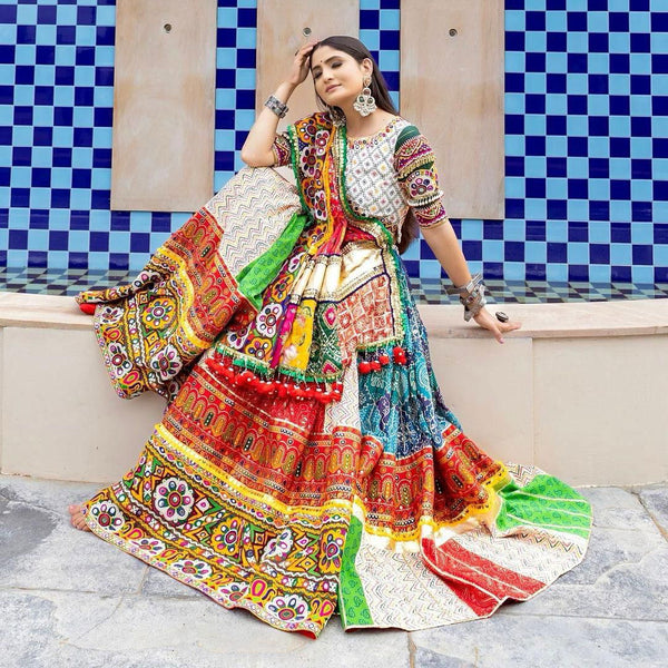 Multi Color Designer Muslin Cotton Digital Print Mirror Work Navratri Lehenga Choli - Ahesas