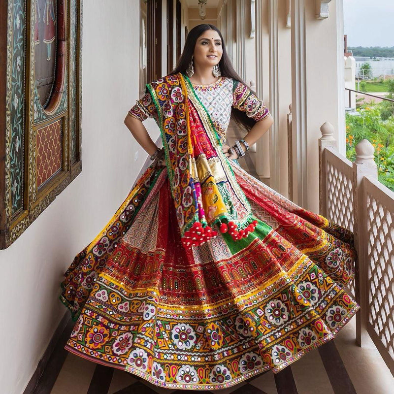 Multi Color Designer Muslin Cotton Digital Print Mirror Work Navratri Lehenga Choli - Ahesas