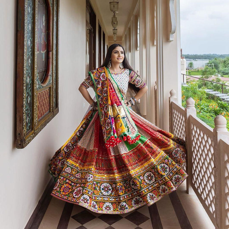 Multi Color Designer Muslin Cotton Digital Print Mirror Work Navratri Lehenga Choli - Ahesas