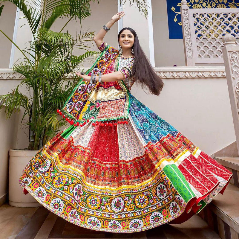 Multi Color Designer Muslin Cotton Digital Print Mirror Work Navratri Lehenga Choli - Ahesas