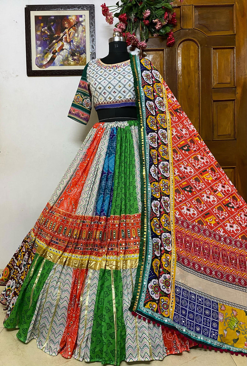 Multi Color Designer Muslin Cotton Digital Print Mirror Work Navratri Lehenga Choli - Ahesas