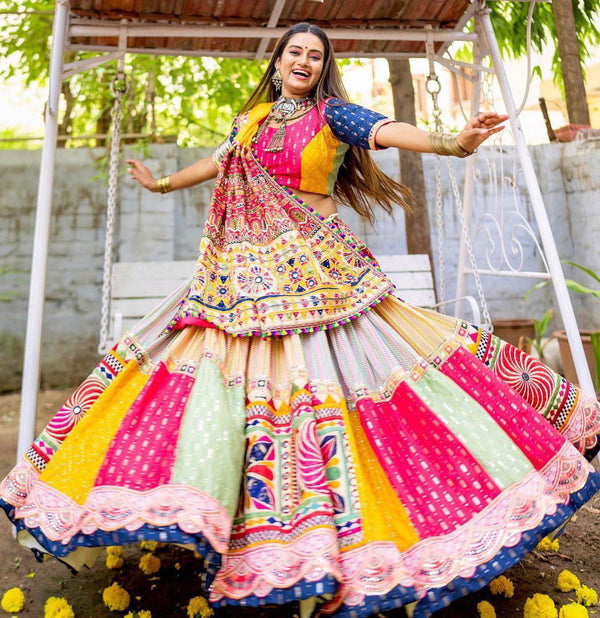 Multi Color Designer Muslin Cotton Digital Print Mirror Work Navratri Lehenga Choli - Ahesas