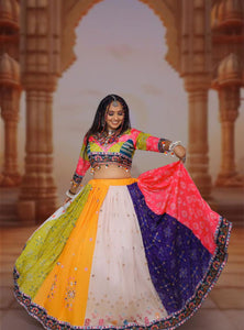 Multi Color Digital Printed Mirror Work Cotton Navratri Lehenga - Ahesas