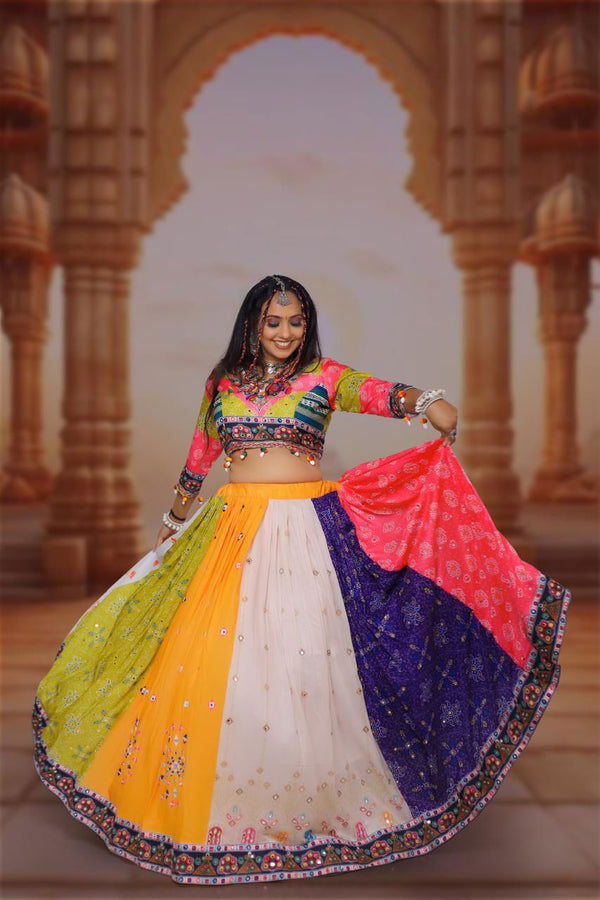 Multi Color Digital Printed Mirror Work Cotton Navratri Lehenga - Ahesas
